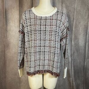 DKNY Lurex Plaid Weaved Fringe Sweater- Size Large
